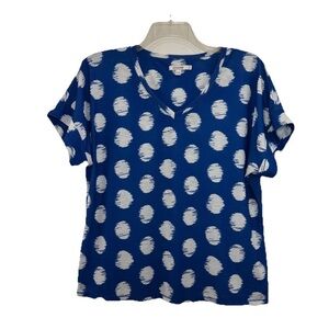 Chico’s Colorful V Neck Blouse Womens Large Short Sleeve Classic Blue White